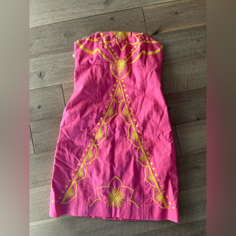 Lilly Pulitzer Bowen Pink and Yellow Embroidered Strapless Dress Size 00